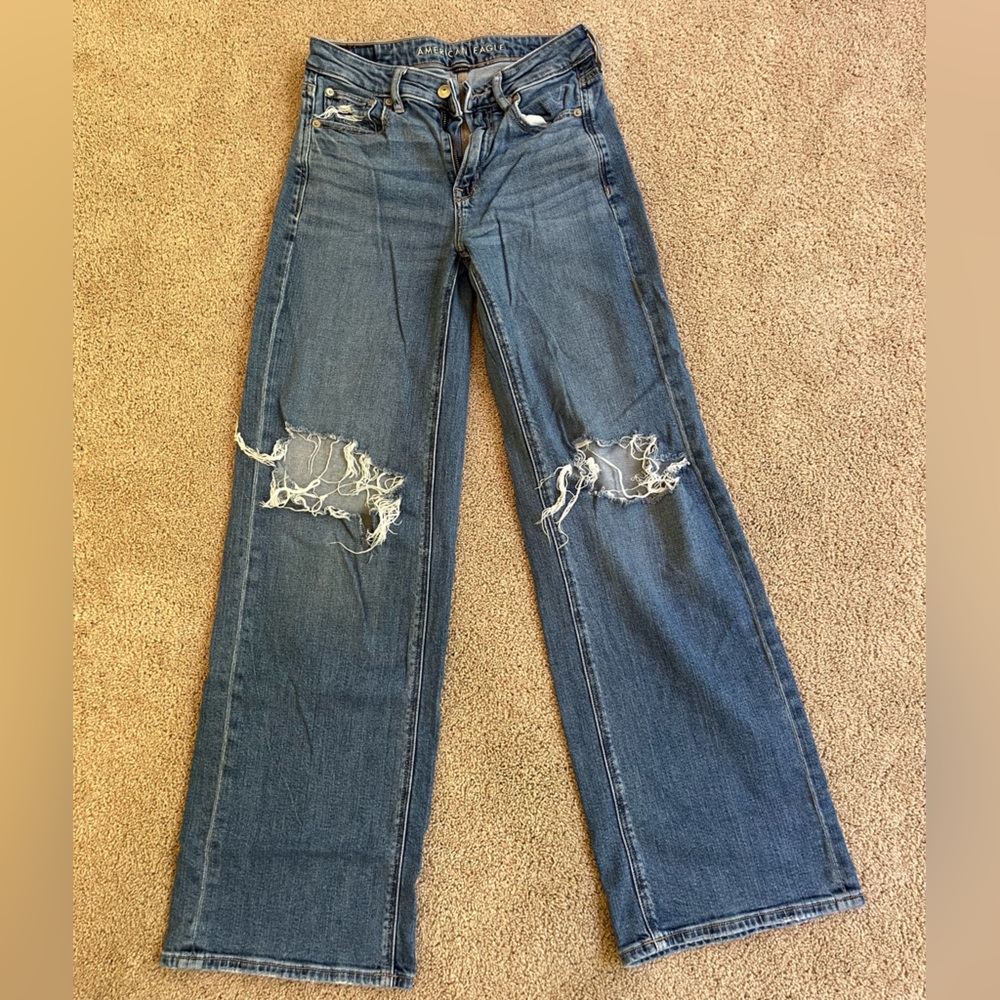 American Eagle Super wide leg Classic Blue Distressed Straight Leg Jeans